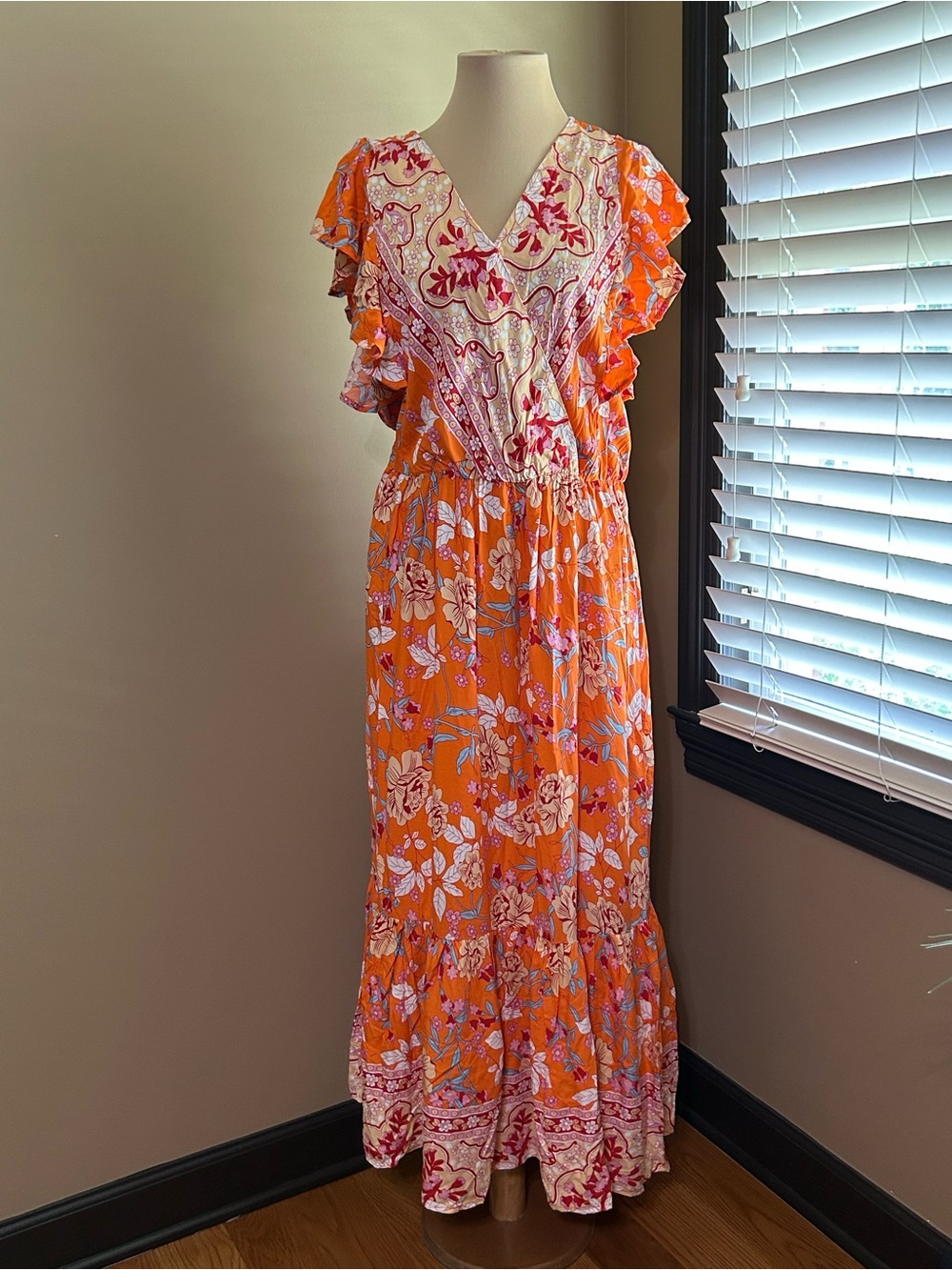 Floral V-Neck Orange Maxi Dress with Pink Trim - Picture 2 of 8